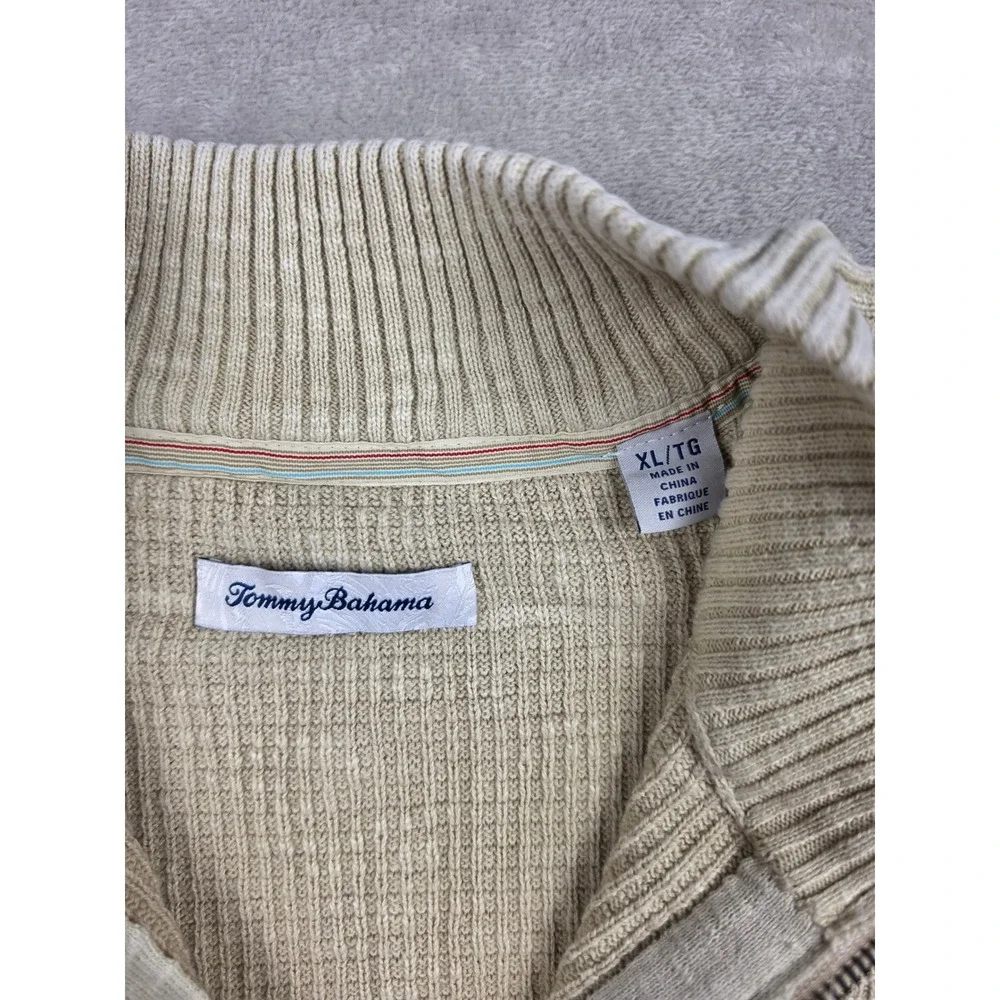 Tommy Bahama Sweater Mens XL Beige Quarter Zip Waffle Knit Cotton Pullover